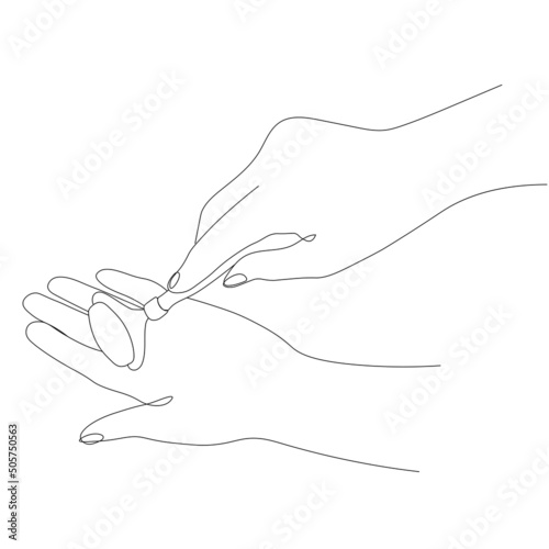 Contour of beautiful female hands holding gua sha massager isolated on white background. Vector hand drawn line art of hands illustration. Facial care concept