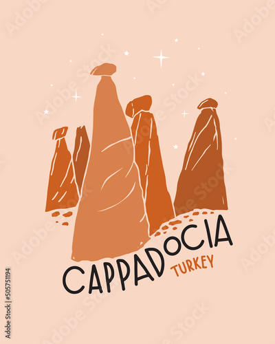 Stone pillars of Cappadocia. Tourist sight of Turkey. Design element for souvenir products. Vector illustration isolated.
