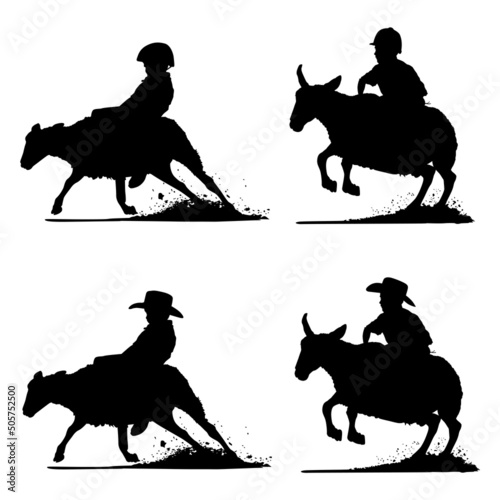 Vector silhouettes of a young child rodeo cowboy riding a bucking sheep. This is a rodeo event called mutton busting. photo