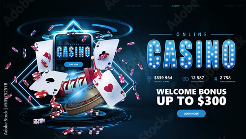 Fotografiet Online casino, blue invitation banner with button, smartphone, casino slot machi