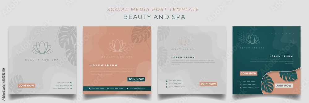 Set of social media post template with feminine background for beauty and spa advertisement