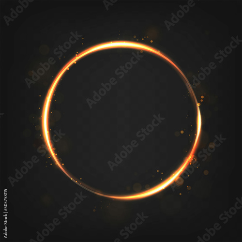 Vector illustration. Golden fire circle with glare and sparcles on dark background.