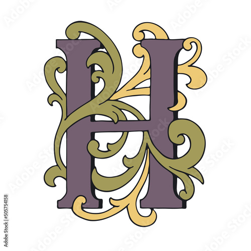 Letters H Drop Caps. Vector hand-drawing letter. Fabulous ornament