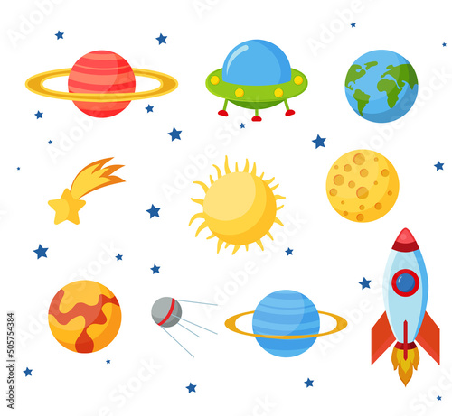 Cosmos set concept. Set on a space theme, including a transport, planets and related objects, satellites, instruments for tracking the cosmos. Vector illustration isolated on white background.