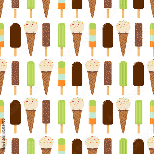 A set of different kinds of ice cream in a seamless pattern. Fruit ice, waffle cone and ice cream on a stick. Vector illustration.