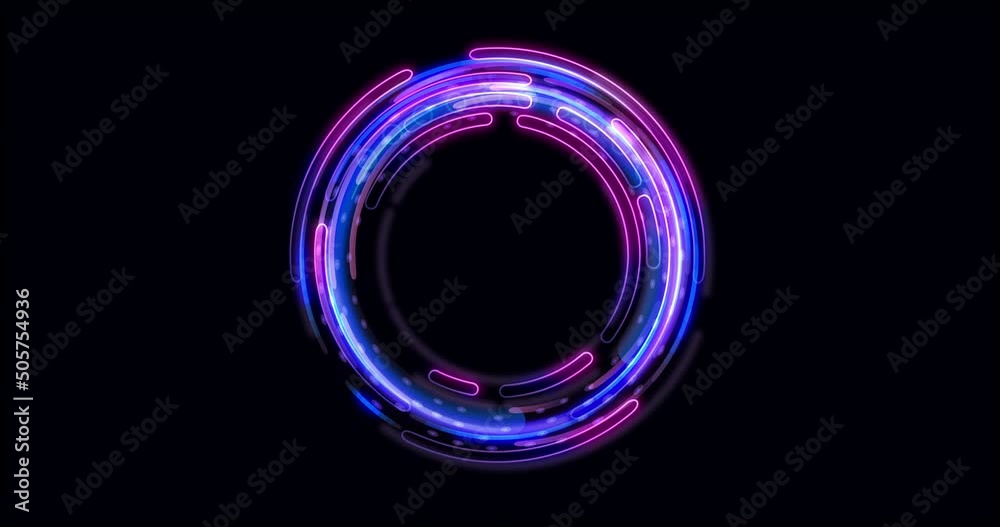 Render Neon circle rotation of frame with shining effects on dark background. Video animation Empty purple glowing techno backdrop. Round motion frame