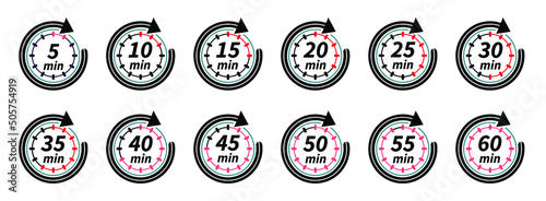 10, 15, 20, 25, 30, 35, 40, 45, 50 min, great design for any purposes. logo design. Vector illustration