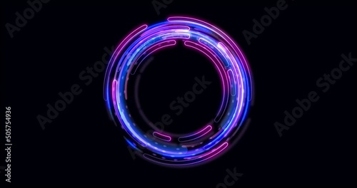 Render Neon circle rotation of frame with shining effects on dark background. Video animation Empty purple glowing techno backdrop. Round motion frame photo