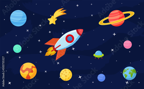 Cosmos set concept. Set on a space theme, including a transport, planets and related objects, satellites, instruments for tracking the cosmos. Vector illustration isolated on white background.