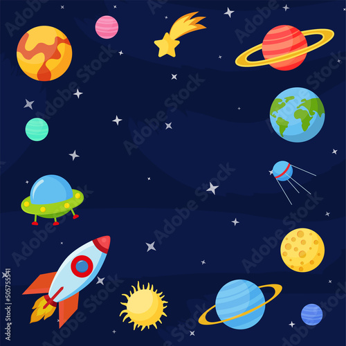 Cosmos set concept. Set on a space theme, including a transport, planets and related objects, satellites, instruments for tracking the cosmos. Vector illustration isolated on white background.