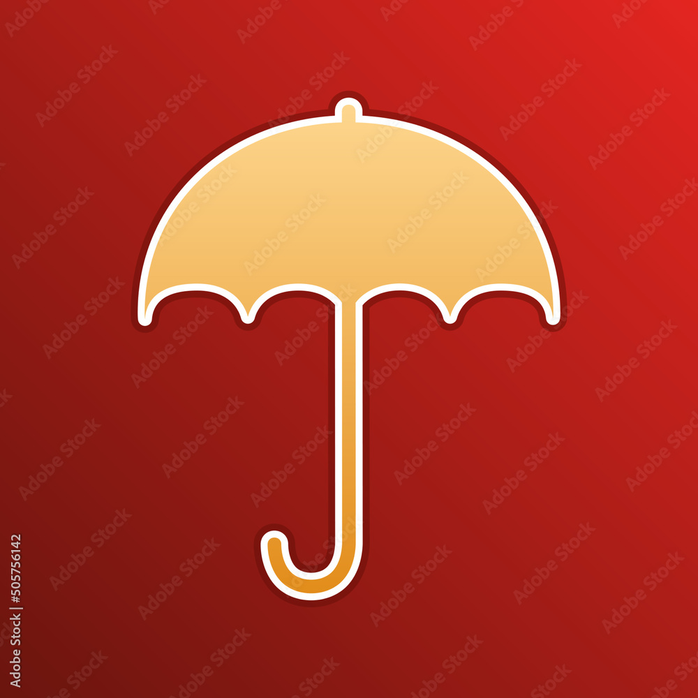 Umbrella sign icon. Rain protection symbol. Flat design style. Golden gradient Icon with contours on redish Background. Illustration. Umbrella sign icon. Rain protection symbol. Flat design style. Golden gradient Icon with contours on redish Background. Illustration.