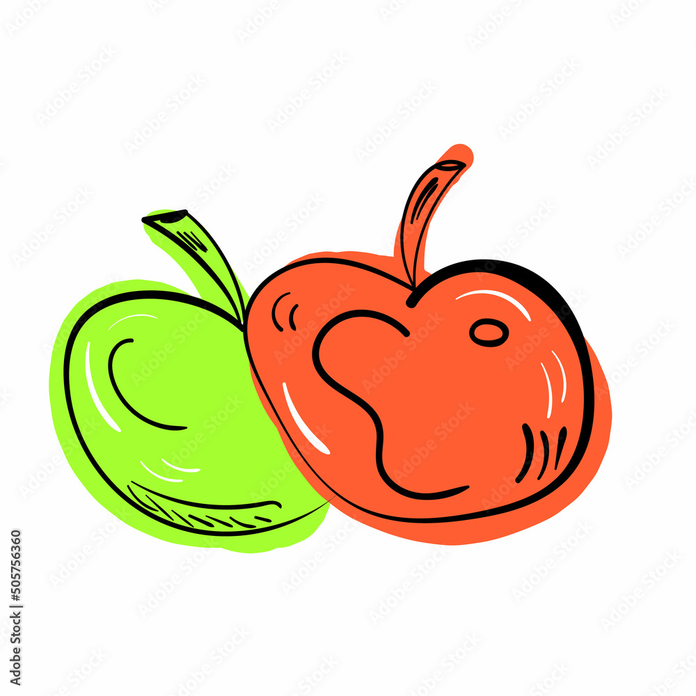 Green and red doodle apples doodle illustration. Fresh tasty fruit. Organic food colourful icon on white background. Green and red doodle apples doodle illustration. Fresh tasty fruit. Organic food colourful icon on white background.