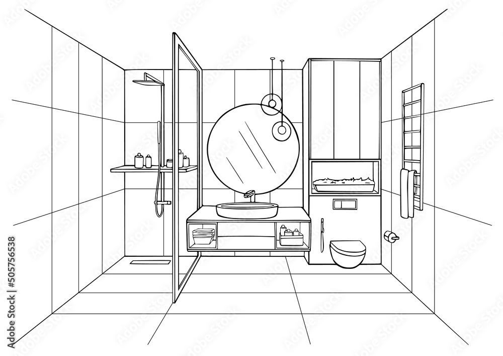 Sketch Bathroom Interior With Closet