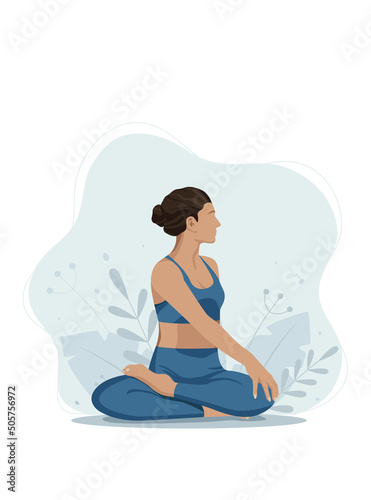 Woman doing yoga at home or in studio. Faceless flat vector illustration.