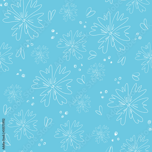 Seamless pattern with white flowers and leaves on blue background