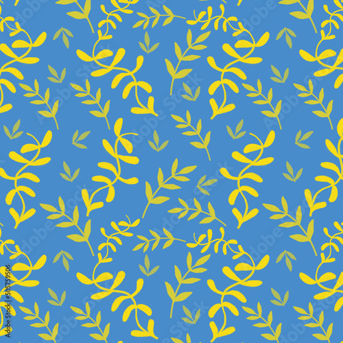 Leaves pattern pastel. Background in the colors of the flag of Ukraine. Yellow-blue colors. Foliage illustration done in pastel. Suitable for fabric  wallpapers and backgrounds.