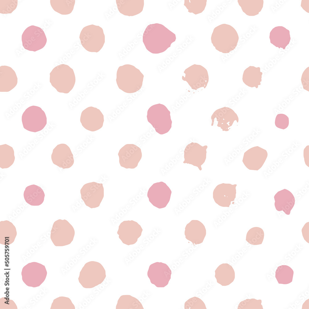 Watercolor hand drawn dots vector seamless pattern. Pink texture backdrop. Drawing of scattered spots vector. Blush colors background. Wallpaper, paper, fabric, textile design.