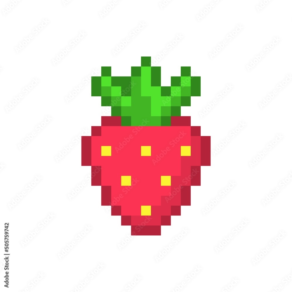 Red pixel strawberry. Sweet berry with yellow seeds and green tail. Natural summer dessert and 8bit vector game element Red pixel strawberry. Sweet berry with yellow seeds and green tail. Natural summer dessert and 8bit vector game element