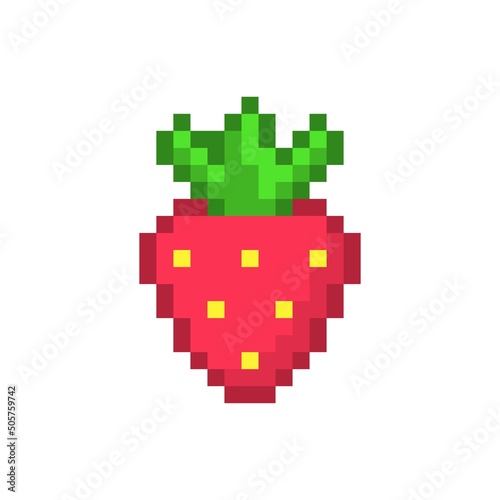 Red pixel strawberry. Sweet berry with yellow seeds and green tail. Natural summer dessert and 8bit vector game element