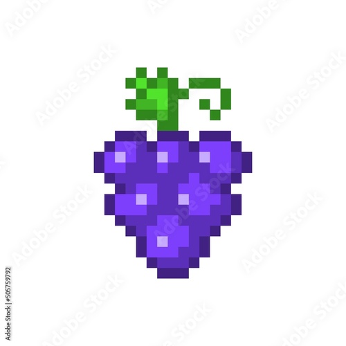 Bunch of purple pixelated grapes. Ripe blue berries on cut green stem. Sweet summer dessert and element for making wine and 8bit vector game