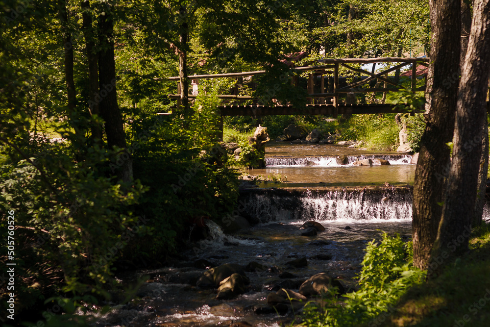 Naklejka premium river mouth with small waterfalls and stones among greenery. Wooden bridgr above. Hot summer day, high contrast light
