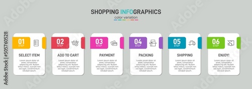 Concept of shopping process with 6 successive steps. Six colorful graphic elements. Timeline design for brochure, presentation, web site. Infographic design layout.