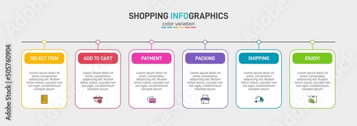 Concept of shopping process with 6 successive steps. Six colorful graphic elements. Timeline design for brochure, presentation, web site. Infographic design layout.