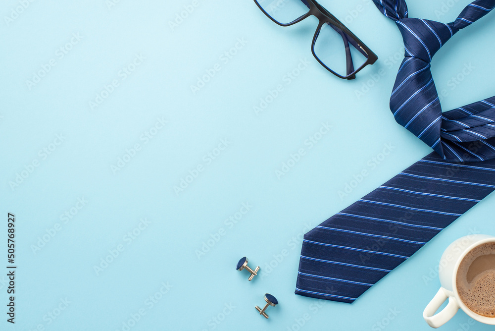 Father's Day concept. Top view photo of cup of coffee glasses cufflinks and blue necktie on isolated pastel blue background with copyspace - obrazy, fototapety, plakaty 