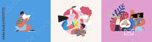 Startup illustrations set. Flat line vector modern concept illustration of people, startup metaphor. Concept of building new business, planning, strategy, teamwork and management. Company processes