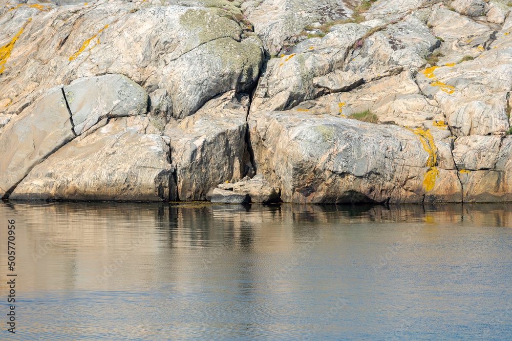 View of the archipelago, coastline in Gothenburg. Cliffs and sea. A nice summer day in Sweden. Place for text, copy space.