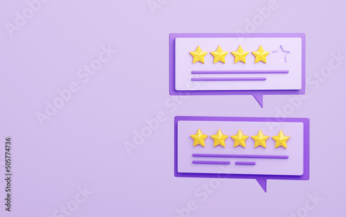 Fototapeta Customer review 3d render illustration - stars and text message on speech bubble