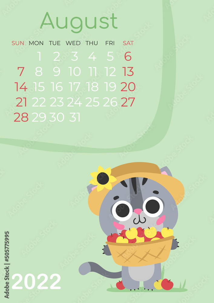 Calendar of 2022 year, August with cute gray kitty, cat in straw hat, with harvest of apples in a basket and grass on green background. Vector illustration for postcard, banner, web, design, arts. Calendar of 2022 year, August with cute gray kitty, cat in straw hat, with harvest of apples in a basket and grass on green background. Vector illustration for postcard, banner, web, design, arts.