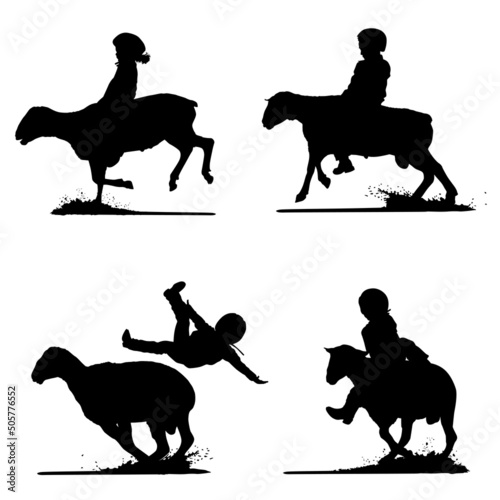 Vector silhouettes of a young child rodeo cowboy and cowgirl riding a bucking sheep. This is a rodeo event called mutton busting.