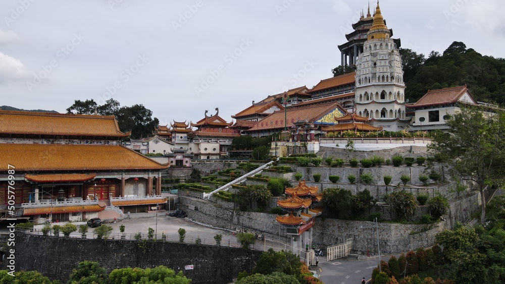 Georgetown, Penang Malaysia - May 17, 2022: The Kek Lok Si Temple. A hilltop temple characterized by colorful, intricate decor and many Buddha statues.