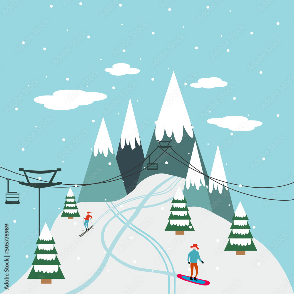 Ski resort banner illustration with ski lift and skiers. Sportsmans slide down the slopes. Skiing jpg in the mountains. image jpeg illustration.
 - obrazy, fototapety, plakaty 