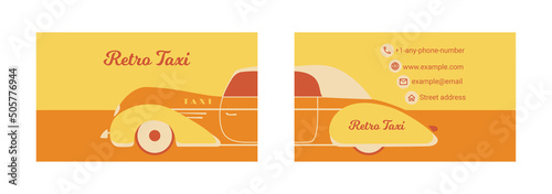 Business card design retro cab in yellow colors. Vector template for taxi company. Vector illustration