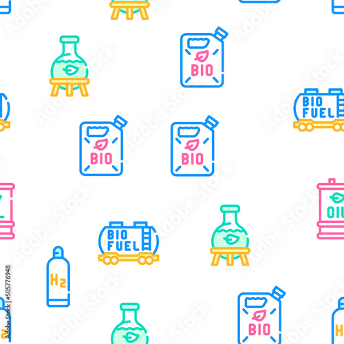 Biofuel Green Energy Vector Seamless Pattern Color Line Illustration