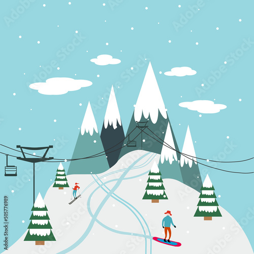 Ski resort banner illustration with ski lift and skiers. Sportsmans slide down the slopes. Skiing jpg in the mountains. image jpeg illustration.
