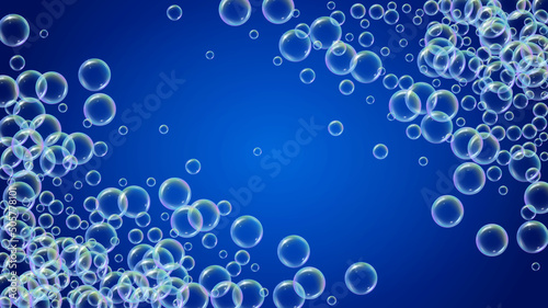 Shampoo bubble. Detergent bath foam, suds and soap for bathtub. 3d vector illustration invite. Rainbow fizz and splash. Realistic water frame and border. Blue colorful liquid shampoo bubble.