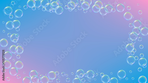 Suds bubble. Detergent bath foam and soap for bathtub. Shampoo. Rainbow fizz and splash. Realistic water frame and border. Blue 3d vector illustration concept. colorful liquid suds.