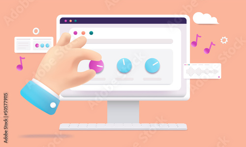 Electronic music production - Computer screen with knobs and hand working with sound adjustment. Vector illustration