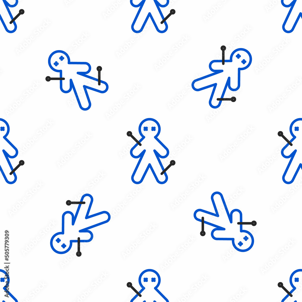 Line Voodoo doll icon isolated seamless pattern on white background. Colorful outline concept. Vector