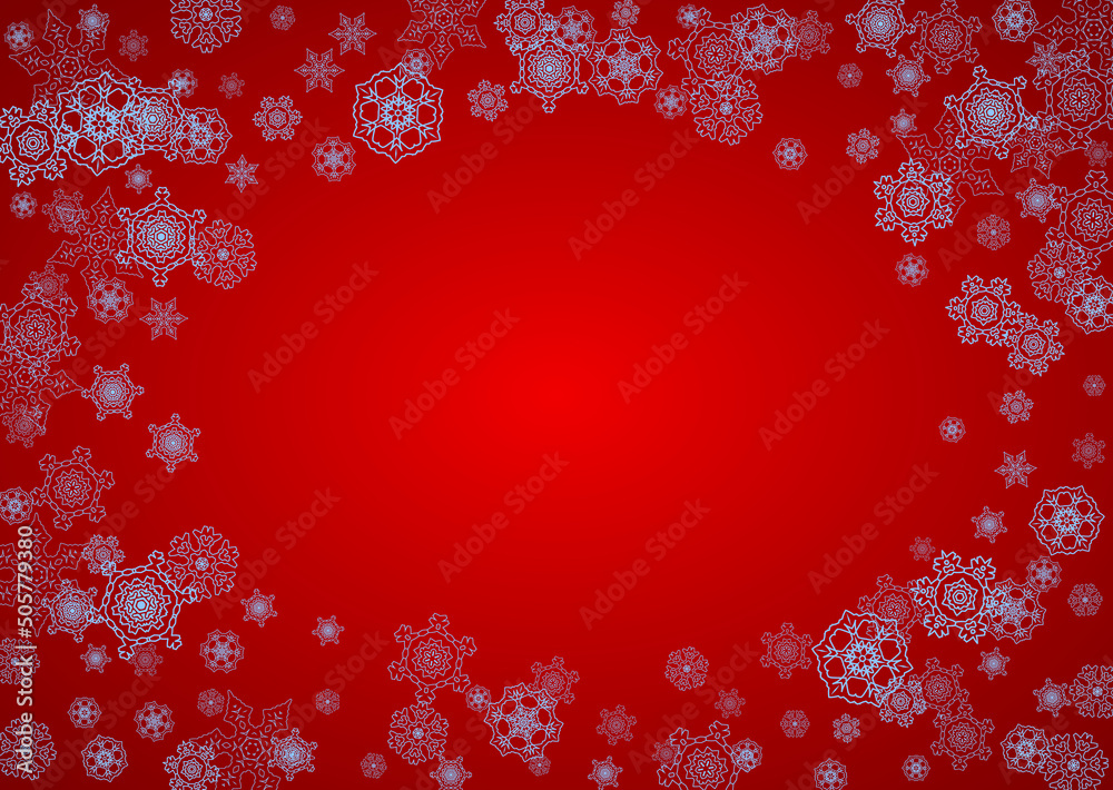 Christmas frame with snowflakes on red background. Santa Claus colors. Horizontal Christmas frame for holiday banners, cards, sales, special offers. Falling snow with bokeh and flakes for celebration Christmas frame with snowflakes on red background. Santa Claus colors. Horizontal Christmas frame for holiday banners, cards, sales, special offers. Falling snow with bokeh and flakes for celebration
