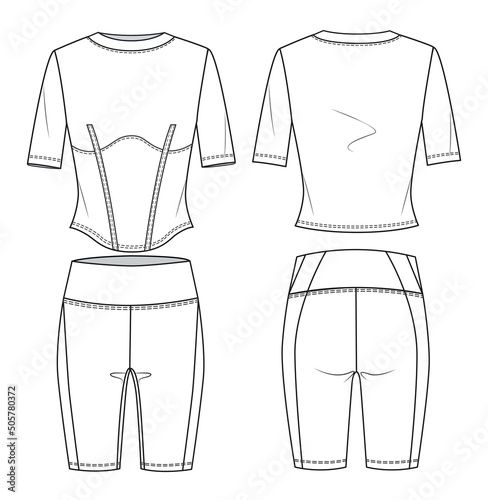 Girl's Short Legging and T-shirt fashion flat sketch template. Women's Active wear Biker Short Technical Fashion Illustration. Women cycling shorts and t-shirt fashion cad, set.