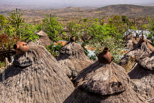 roofs of Konso tribe houses in southern Ethiopia, Omo Valley photo