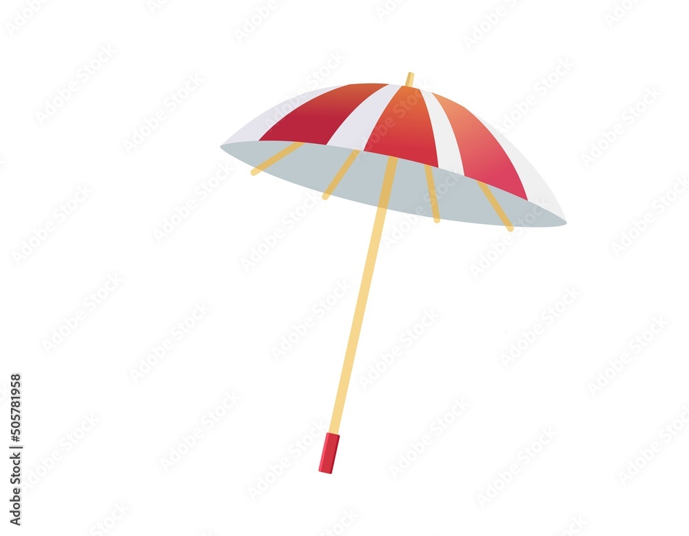 Beach umbrella with red stripes isolated on white background, Vector illustration in flat style