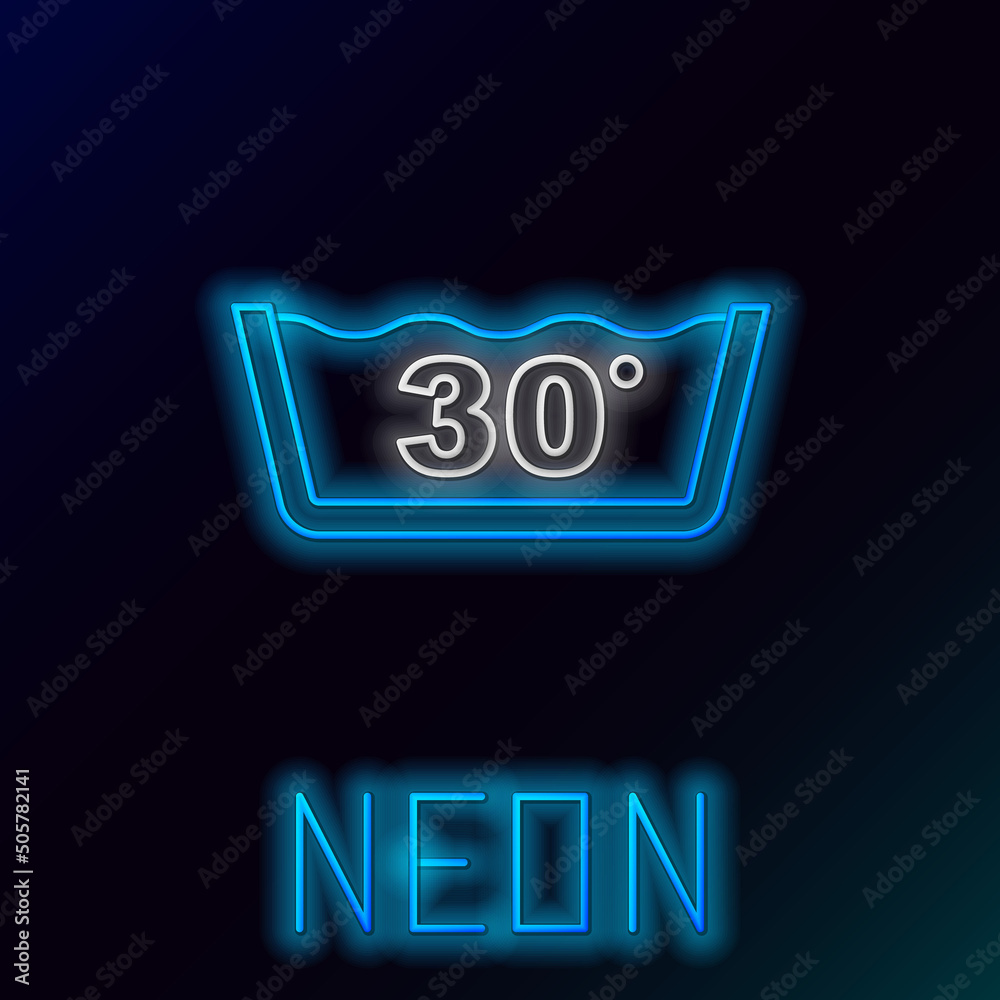 Glowing neon line Washing under 30 degrees celsius icon isolated on black background. Temperature wash. Colorful outline concept. Vector Glowing neon line Washing under 30 degrees celsius icon isolated on black background. Temperature wash. Colorful outline concept. Vector
