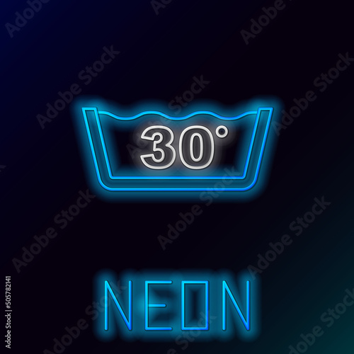 Glowing neon line Washing under 30 degrees celsius icon isolated on black background. Temperature wash. Colorful outline concept. Vector
