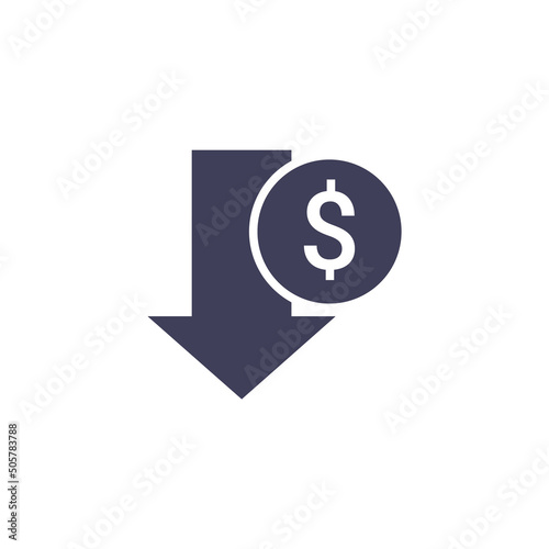 Cost reduction icon price lower arrow. Vector low cost money crisis line icon