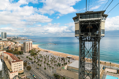 Spain, Catalonia, Barcelona, Cable car tower station by La Barceloneta beach photo